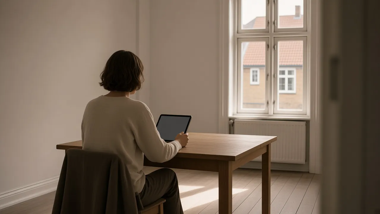 En person slår tagflader op på en tablet ved køkkenbordet. Her finder du vurderingen.
