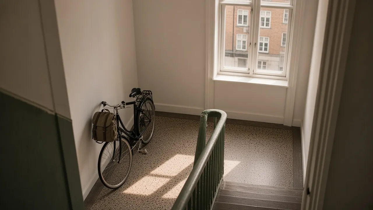 En cykel i en københavnsk opgang. Forældrekøb er ofte en studiebolig købt i fri handel.