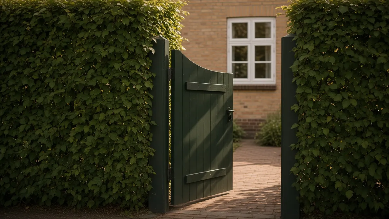 En mørkegrøn haveport i hækken mellem to haver. Boligen går fra én generation til den næste.